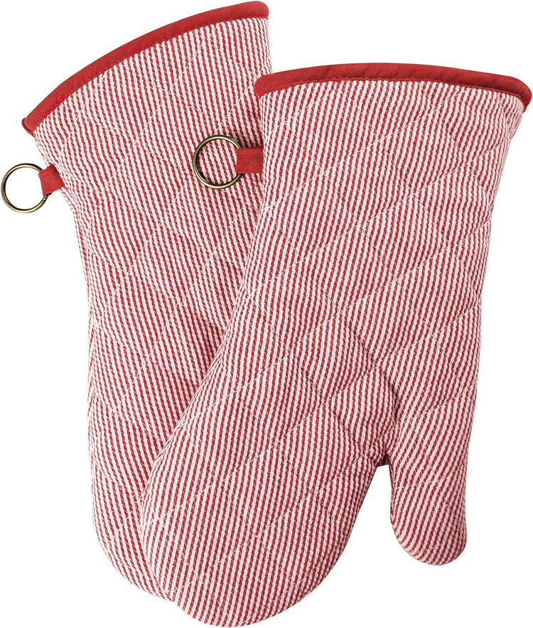 1 Pair Yarn Dyed Oven Mitts 100% Cotton Heat Resistant 470 Degree Gloves Men Women Cooking Baking Barbecue BBQ Microwave Crafting Machine Washable Pot Holders Mittens (red2)