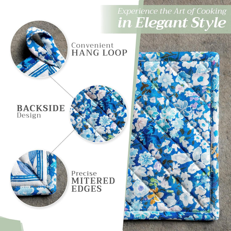 Maison d' Hermine 100% Cotton Oven Mitt & Pot Holder Set (7.5"x13" & 8"x8") Heat Resistant BBQ Cooking Gloves with Loop, Baking, Grilling, Kitchen, Handling Hot Pans Spring/Summer (Summer Blues)