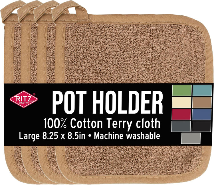 RITZ Terry Potholder & Hot Pad: Unparalleled Heat Resistant, Durable 100% Cotton – Ergonomically Designed for Optimal Grip – Easy-Care Machine Washable – 4-Pack, Mocha Brown