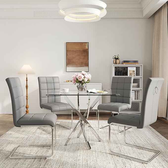 AF ARTISAN FURNITURE 5 Piece Square Glass Dining Table Set, Silver Glass Kitchen Table Set for 4 Modern Table Set with 4 Grey PU Upholstered Dining Chairs, for Small Space, Breakfast Nook