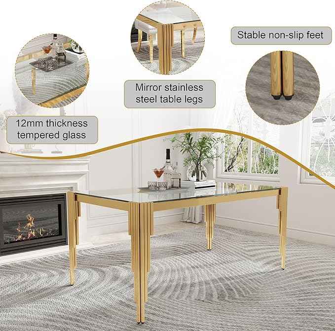 51'' Modern Glass Dining Table for 4 People,Tempered Glass Top Dining Room Table with Stainless Steel Base, Glass and Gold Dining Table for 4, Rectangle Dining Kitchen Table for Dinner