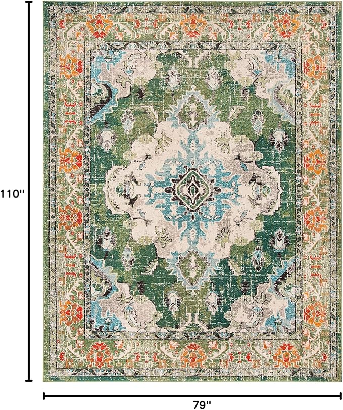 SAFAVIEH Monaco Collection Area Rug - 6'7" x 9'2", Forest Green & Light Blue, Non-Shedding & Easy to Clean, Distressed Medallion Design, Ideal for Living Room, Bedroom, Dining Space (MNC243F)