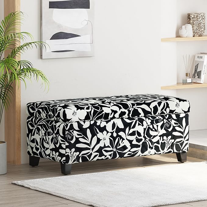 Christopher Knight Home Nesbit Living Room Ottoman with Storage, Entryway Fabric Upholstered Storage Ottoman Bench, Rectangular Sofa Foot Stool, Bedroom End of Bed Bench, Shoe Organizer, Black+White