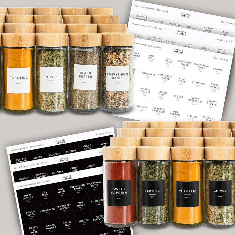 SAVVY & SORTED Glass Spice Jars with Label, 24PK Round Bamboo Jar Spices Set 4oz, 374 Spice Labels, Pepper Grinder, Empty Herb Seasoning Containers, Funnel and Shaker Lids