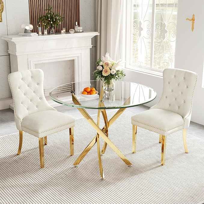 AF ARTISAN FURNITURE 36" Round Glass Dining Table for 4, Stainless Steel Legs & Tempered Glass Top, Modern Circle Leisure Table for Home Office Kitchen Dining Room Small Spaces (Gold Leg)