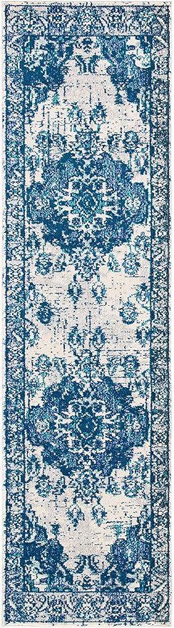 SAFAVIEH Monaco Collection Runner Rug - 2'2" x 8', Ivory & Blue, Non-Shedding & Easy to Clean, Distressed Medallion Design, Ideal for Hallway, Kitchen Foyer, Entryway (MNC243A)