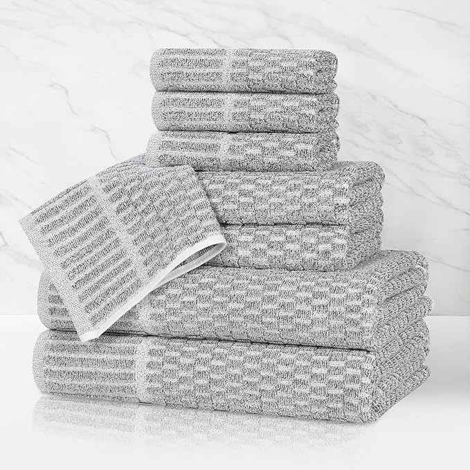 Superior Juno Viscose Cotton Blend Medium Weight Towels, for Bathroom, Shower, Spa, Plush, Quick Dry, Ultra-Soft Towels, Bath Essentials, Border Detail, 8 Piece Assorted Towel Set, Charcoal