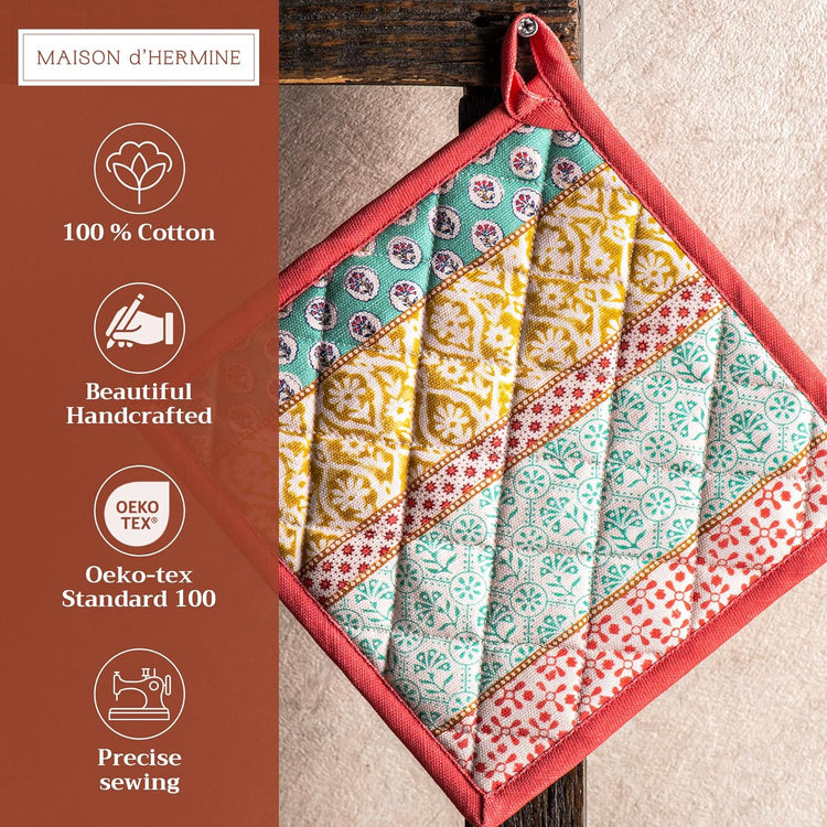 Maison d' Hermine Pot Holders Set 100% Cotton Heat Resistant Potholders 8" x 8" Hot Pads with Loop BBQ, Cooking, Baking, Grilling, Kitchen, Handling Hot Pans Spring/Summer (Pack of 2, Provence)