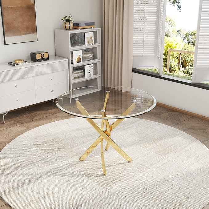 AF ARTISAN FURNITURE 5 Piece Round Glass Dining Table Set, Gold Glass Kitchen Table Set for 4 Modern Table Set with 4 Grey PU Upholstered Dining Chairs, for Small Space, Breakfast Nook
