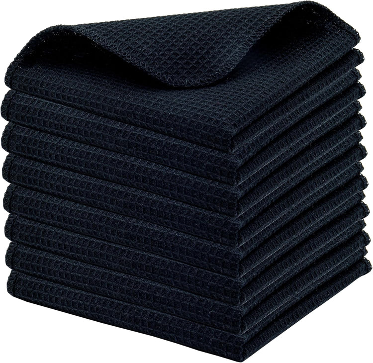 PurpleEssences Dish Cloths and Dish Rags - 8 Pack Waffle Weave Solid Kitchen Dish Wash Cloths, 100% Cotton, 12 x 12 Inches, Ultra Soft Absorbent Quick Drying - Spring Summer - Black - Nestoria