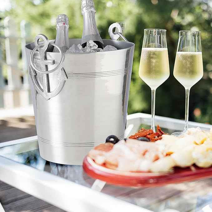WHW Whole House Worlds Anchors Ice Bucket, Luxury Wine Cooler with Handles and Loops, Aluminum, 12.25 Inches