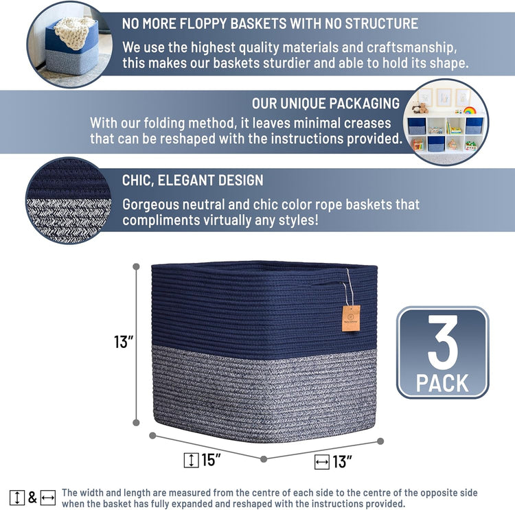NaturalCozy 13x15x13 Kallax Storage Cubes Bins, 3 Pack | Cotton Rope Cube Storage Bin Woven Baskets for Organizing | Kallax Insert Storage Baskets for Shelves Organizer, Kids Toy, Closet Baby Nursery