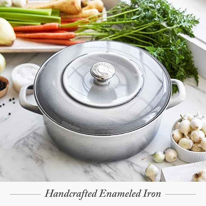 Merten & Storck 5.3QT Round Dutch Oven Casserole Pot with Lid, European Crafted Enameled Iron Stockpot, Induction & All Cooktops, Braising, Stews, Roasting, Slow Cooking, Sourdough, Cloud Gray
