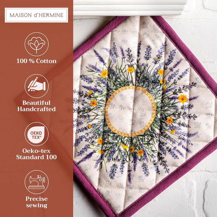 Maison d' Hermine Pot Holders Set 100% Cotton Heat Resistant Potholders 8" x 8" Hot Pads with Loop BBQ, Cooking, Baking, Grilling, Kitchen, Handling Hot Pans Spring/Summer (Pack of 2, Fanny Lavender)