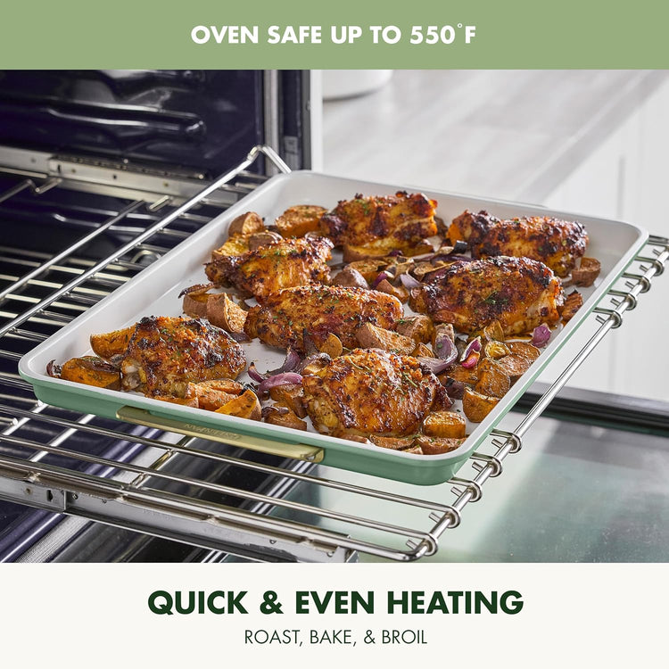 GreenPan Bakeware 13"x18" Half Baking Sheet Pan, Ceramic Nonstick Baking Pan, PFAS & BPA Free, Gold Handles, Durable Steel, Versatile & Space Saving Ovenware, Freezer to Oven Dish, Sage Green