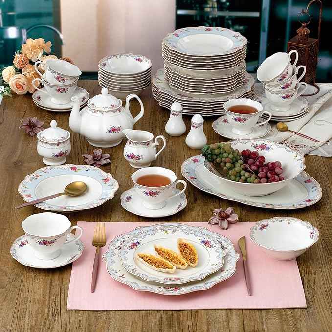 Joseph Sedgh Collection "Romantic Bloom" 57-Piece Bone China Dinnerware Set, Service for 8, Floral with Blue and Gold Trim