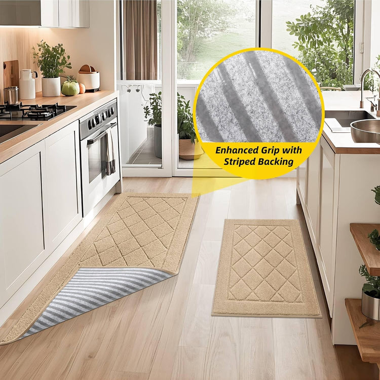 JSEI Non-Slip Kitchen Rugs, Self Adhesive No Sliding Kitchen Mats Set of 2, Soft Washable Absorbent Floor Mat for Kitchen, Bathroom, Laundry Room, Bedroom, 20”x32”+20”x48”, Beige, Diamond Pattern