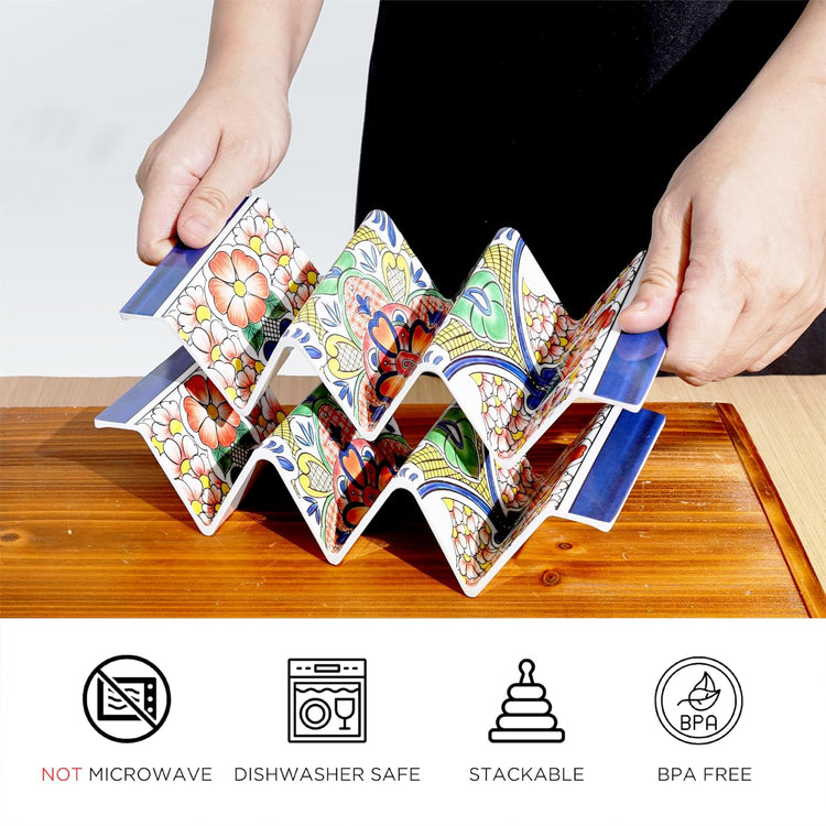TP Taco Holder Stands, Set of 2 Melamine Large Taco Serving Rack Tray with Handle, Holds 3 Tacos, Dishwasher Safe, Ideal for Taco Night, Party, Home, Fiesta, Talavera Tile