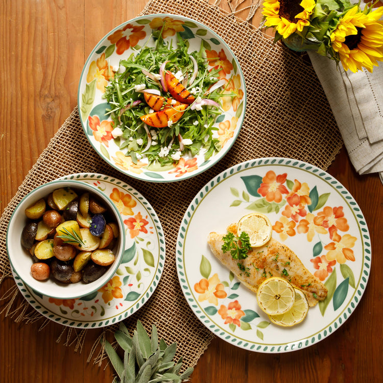 Cassia Bud 16 Piece Double Bowl Hand Painted Stoneware Plates and Bowls Floral Dinnerware Set