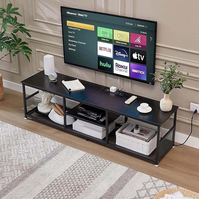 VECELO TV Stand with Power Outlets for Televisions up to 75Inch, 62" Media Entertainment Center with Charging Station 3-Tier Open Storage Shelves with Metal Frame for Living Room/Bedroom,Black