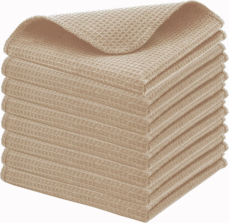 PurpleEssences Dish Cloths and Dish Rags - 8 Pack Waffle Weave Solid Kitchen Dish Wash Cloths, 100% Cotton, 12 x 12 Inches, Ultra Soft Absorbent Quick Drying - Beige - Nestoria