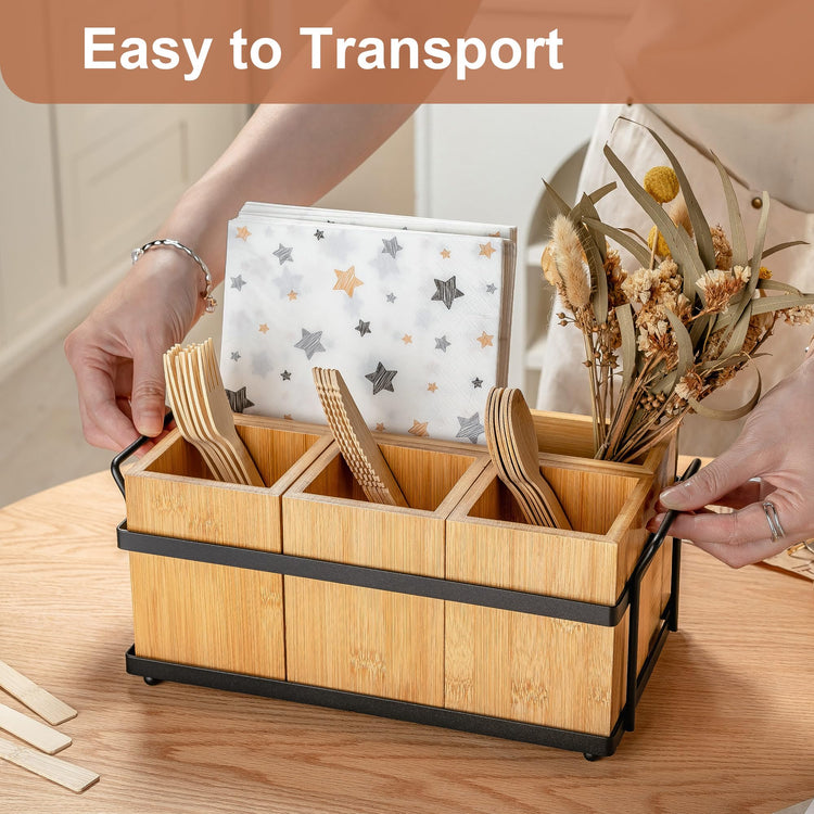 Silverware Caddy Wood Utensil Holder Paper Plate Dispenser Silverware Utensil Caddy Cutlery Flatware Organizer Box for Spoons Forks Plates Napkins