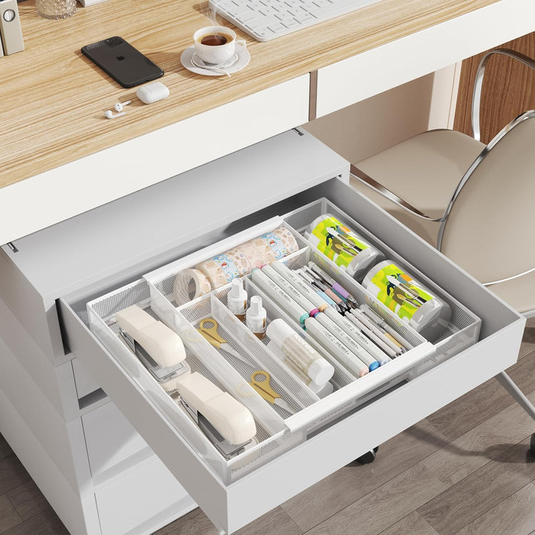 Silverware Organizer Metal Mesh, Drawer Organizer, Utensil Cutlery Tray for kitchen drawers,Expandable Flatware Organizer with 7 Compartment White 9.4"~17.3" x 13.7"