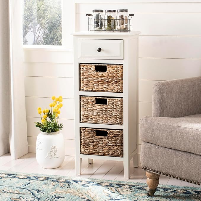 SAFAVIEH Home Collection – Michaela Vintage White Storage Unit with Woven Basket Drawers, British Colonial Farmhouse Accent Storage, Fully Assembled (AMH5744B)