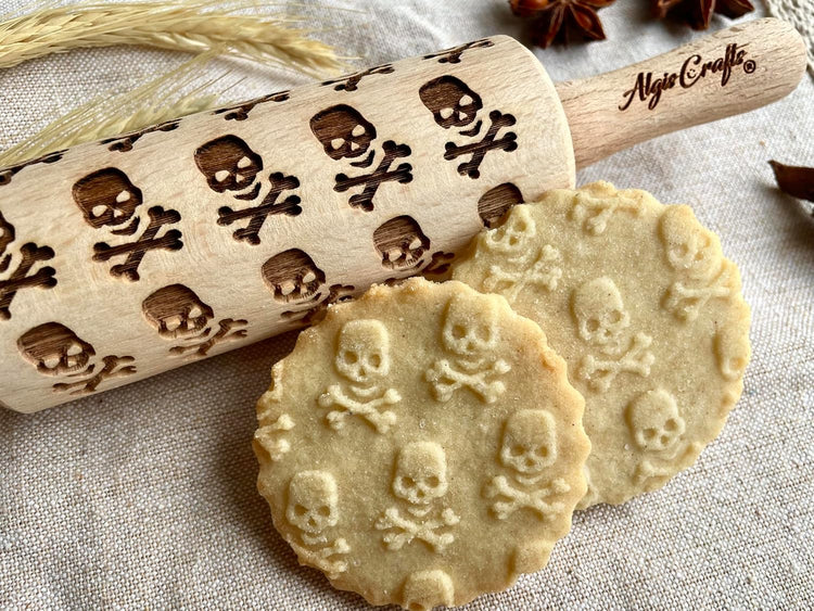 HALLOWEEN 3 Mini Embossed Rolling Pin Set. Wooden Laser Engraved Textured rolling pins for Cookies, Modeline, Ceramic with Skulls, Bats, Halloween by Algis Crafts