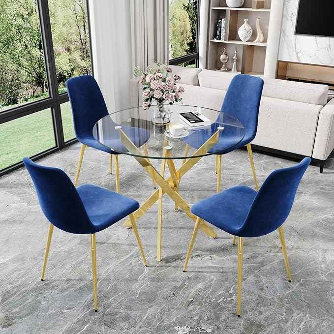 AF ARTISAN FURNITURE 36" Round Glass Dining Table Set for 4, 5-Piece Modern Kitchen Tables with 4 Blue Velvet Chairs, Modern Circle Leisure Table for Home Office Dining Room Small Spaces (Gold Leg)