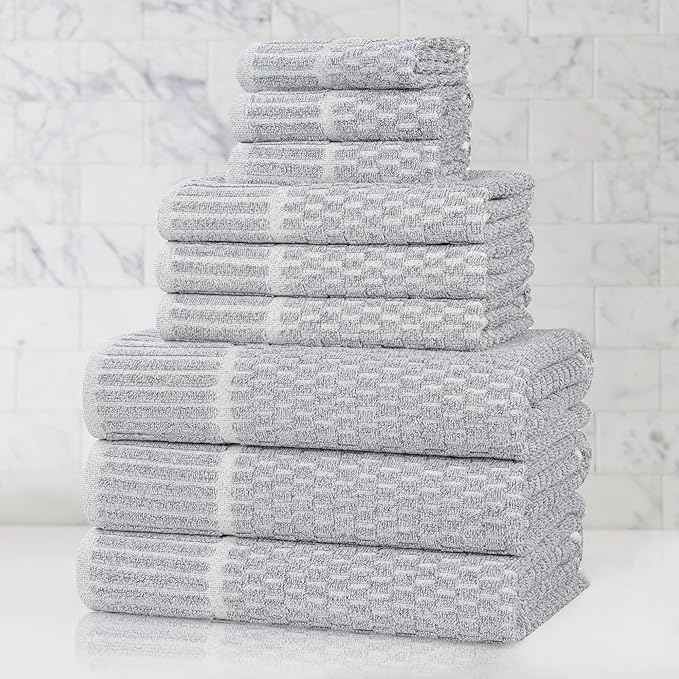 Superior Juno Viscose Cotton Blend Medium Weight Towels, for Bathroom, Shower, Spa, Plush, Quick Dry, Ultra-Soft Towels, Bath Essentials, Border Detail, 9 Piece Assorted Towel Set, Denim Blue