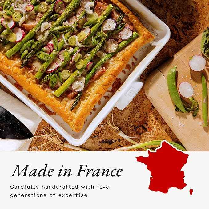 Made In Cookware | Rectangular Baking Dish | Navy Rim | Hand Crafted Porcelain | Professional Bakeware | Made in France