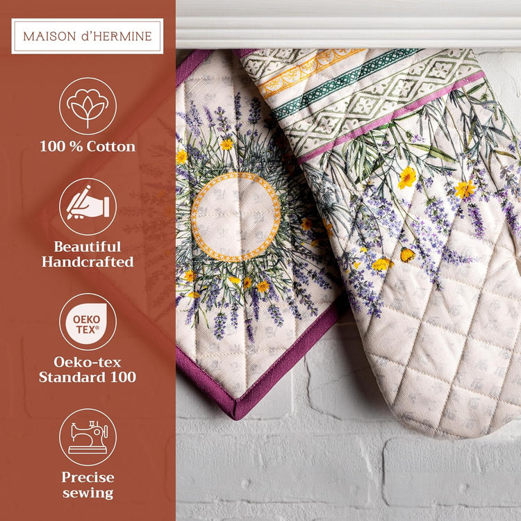 Maison d' Hermine 100% Cotton Oven Mitt & Pot Holder Set (7.5"x13" & 8"x8") Heat Resistant BBQ Cooking Gloves with Loop, Baking, Grilling, Kitchen, Handling Hot Pans Spring/Summer (Fanny Lavender)
