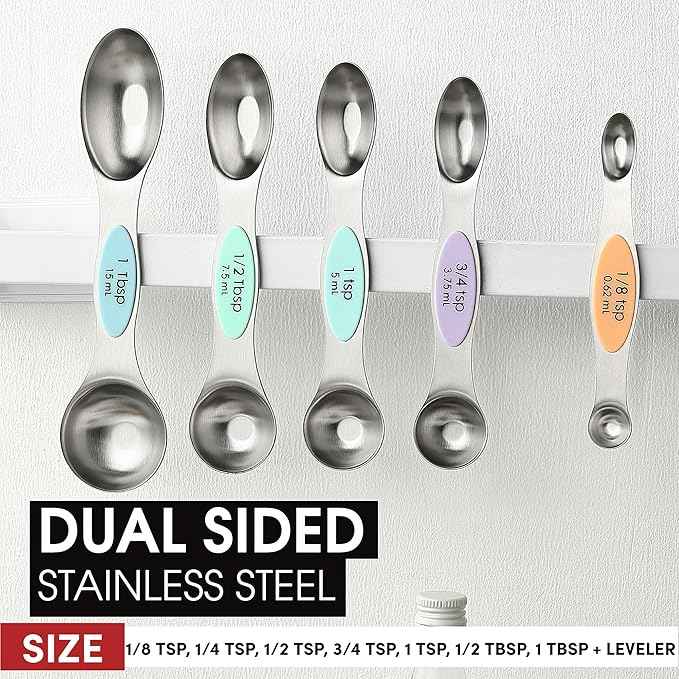 Spring Chef Stainless Steel Magnetic Measuring Spoons Set of 8 with Leveler, Metal Teaspoon & Tablespoon Measuring Spoons for Dry and Liquid Ingredients, Kitchen Gadgets for Baking & Cooking - Pastel