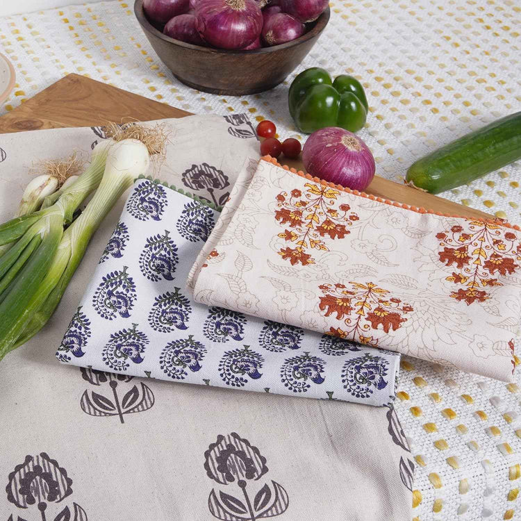 Printed Kitchen Dish Bar and Tea Towels Cotton, 18x28 inch with Trims, Cotton Dish Towel Sets (Multicolor Motif, Set of 3)