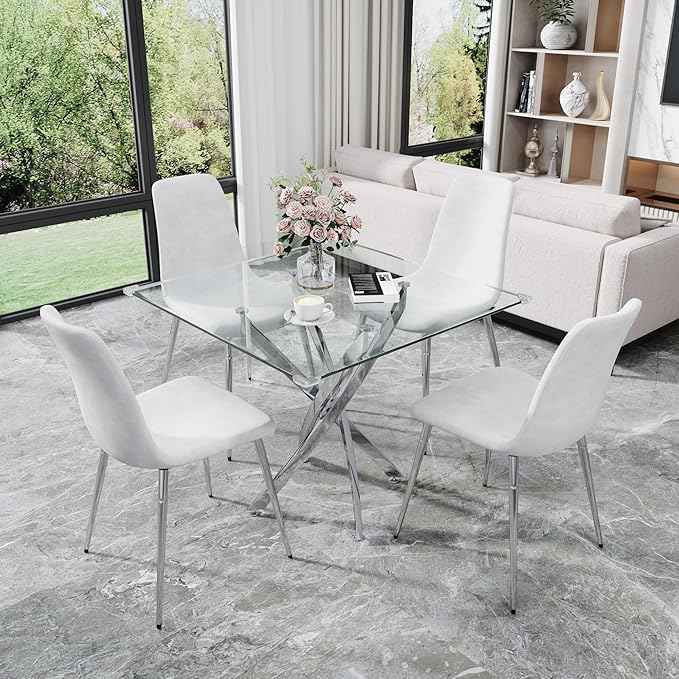 36" Square Glass Dining Table Set for 4, 5-Piece Modern Kitchen Table with 4 White Velvet Chairs, Modern Circle Leisure Table for Home Office Dining Room Small Spaces (Silver Leg)