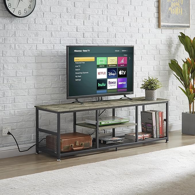 VECELO TV Stand with Power Outlets for Televisions up to 65Inch, 55" Media Entertainment Center with Charging Station 3-Tier Open Storage Shelves with Metal Frame for Living Room/Bedroom,Grey