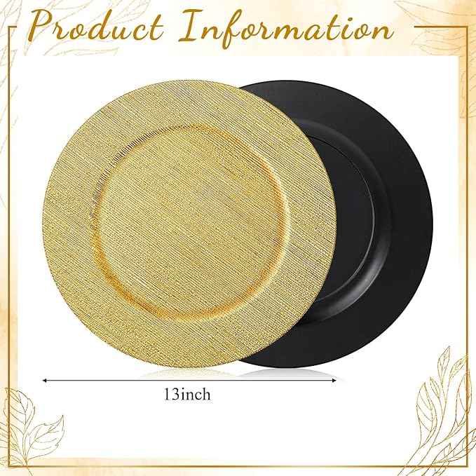 Tanlade 12 Pcs Charger Plates Bulk 13 Inch Plastic Texture Strip Wedding Chargers Floral Decorative Plates with Metallic Ruffled Rim for Wedding Party, Holiday Event Supplies(Gold)