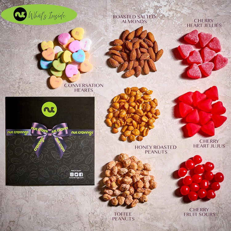 NUT CRAVINGS - Mixed Nuts & Heart Candy Gift Basket in Red Gold Box (7 Assortments, 1 LB) Food Arrangement, Healthy Snack Care Package, Food Assortments