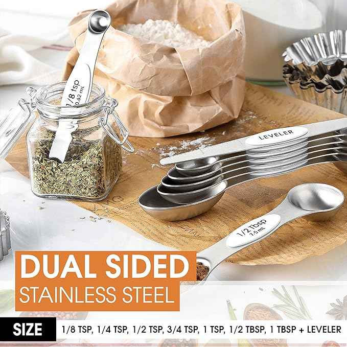 Spring Chef White Stainless Steel Magnetic Measuring Spoons Set of 8 with Leveler, Dual Sided Metal Teaspoon & Tablespoon Measuring Spoons, Fits in Spice Jars, Kitchen Gadgets for Baking & Cooking
