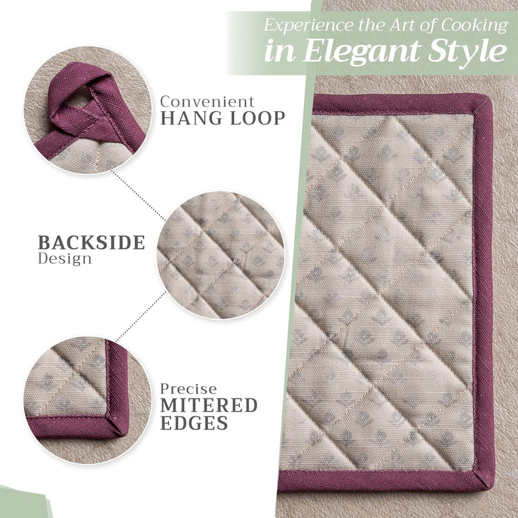 Maison d' Hermine 100% Cotton Oven Mitt & Pot Holder Set (7.5"x13" & 8"x8") Heat Resistant BBQ Cooking Gloves with Loop, Baking, Grilling, Kitchen, Handling Hot Pans Spring/Summer (Fanny Lavender)