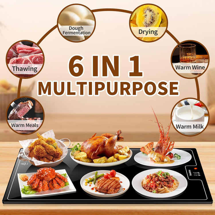 Electric Warming Tray(Large 22"x14"),Food Warmer with Thermostat and Full Surface Heating,Food Warming Mat with 2 Temperature Modes for Parties Buffet,Gatherings,Gold Edge Handles Warming Mat for Food