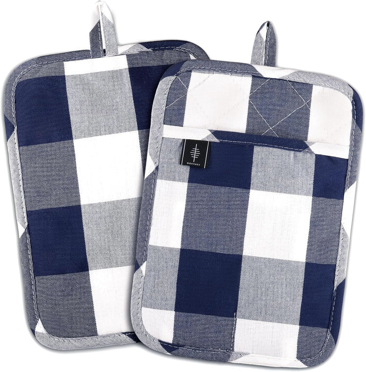 Cotton Pot Holders for Kitchen Heat Resistant Potholder, Hot Pads, Trivet Coaster Non-Slip Potholders Set for Cooking and Baking (2, Blue Plaid, Rectangle, 10 x 7 in)
