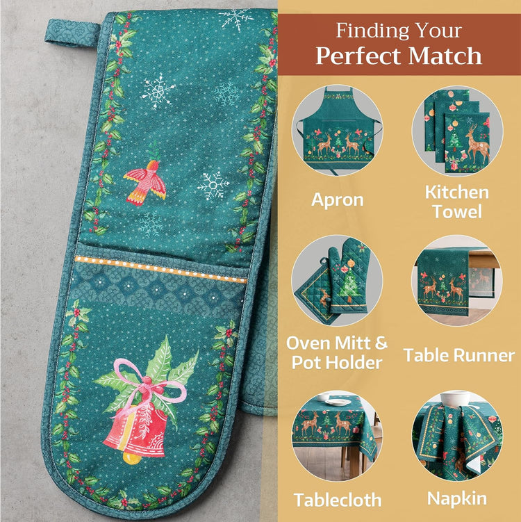 Maison d' Hermine Double Oven Mitts 100% Cotton 7"x35" Double Oven Mitt Heat Resistant BBQ Cooking Gloves with Loop, Baking, Grilling, Home, Kitchen, Handling Hot Pans (Hygge Christmas)