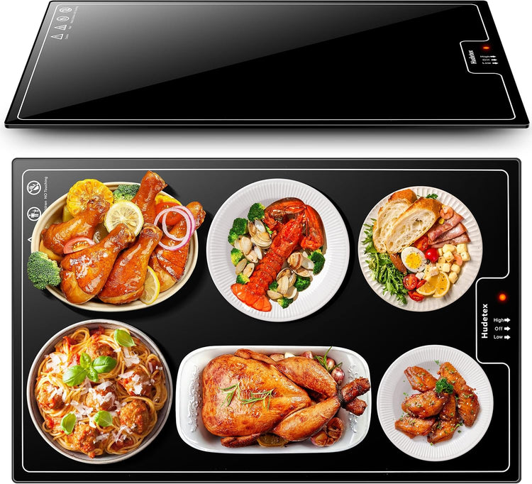 Electric Warming Tray(Large 22"x14"),Food Warmer with Thermostat and Full Surface Heating,Food Warming Mat with 2 Temperature Modes for Parties Buffet,Gatherings,Gold Edge Handles Warming Mat for Food