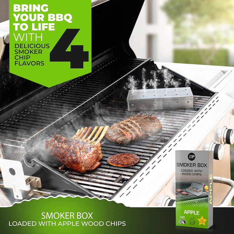 KITCHEN PERFECTION Smoker Box For Gas Grill - Bbq Wood Chip Smoker Box Pre-Filled with Apple Wood Chips -Adds Delicious Smokey Flavor on Propane & Pellet Grill