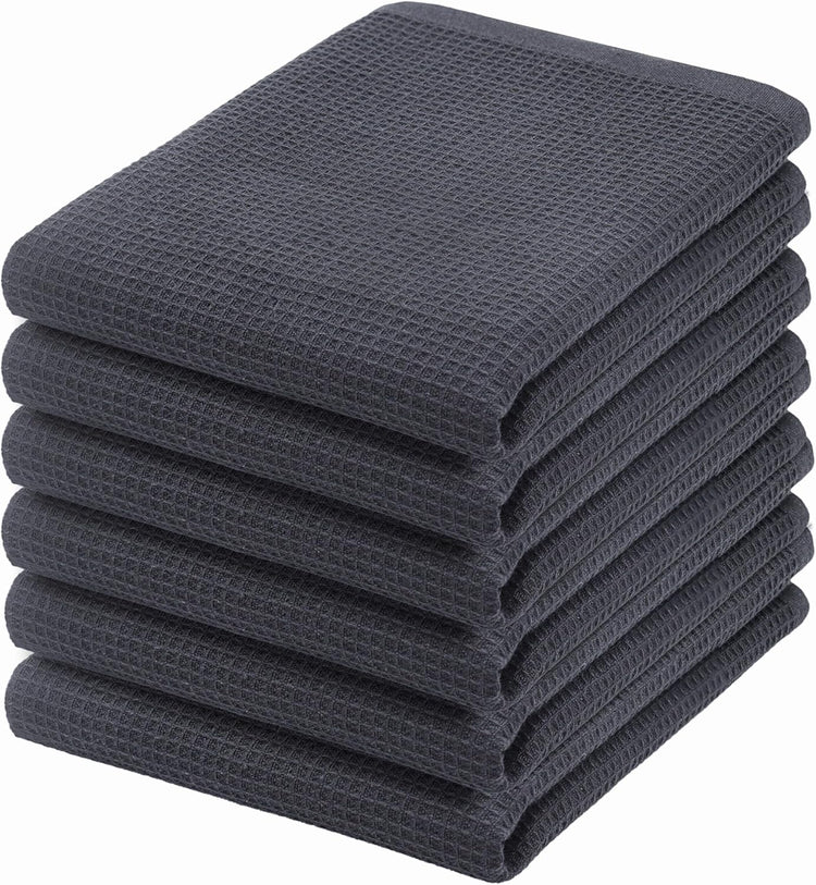 PurpleEssences Waffle Weave Kitchen Towel, 100% Cotton - 15 x 25 Inches, with Hanging Loop Ultra Soft Absorbent Quick Drying Dish Cloth, Tea and Hand Towels, 6 Pack - Spring Summer - Dark Grey - Nestoria