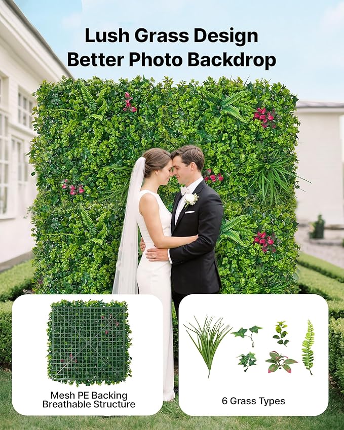 VEVOR Artificial Plant Wall, 12PCS 20 x 20 in Artificial Boxwood Panels, Greenery Backdrop Privacy Hedge Fence with Sun Protection, Fake Grass Wall Screen for Wedding, Indoor, Garden,Mixed Leaf