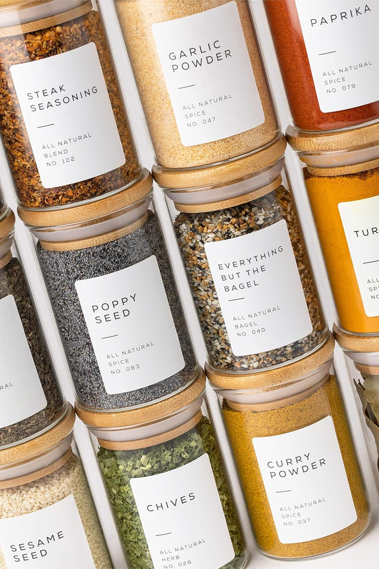 Empty Spice Jars with Label Pack (12x Bamboo Lid Glass Jar). Small 6oz Spice Storage Bottles with 112 Printed Stickers and 48 Writable Pantry Labels for Seasoning Containers