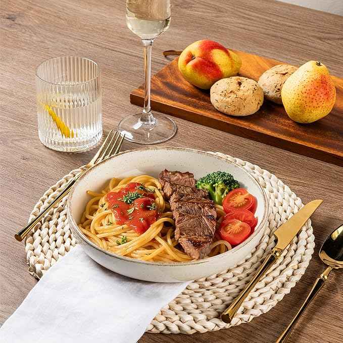 AmorArc Dinnerware Sets with Pasta Bowls for 6, Handpainted Stoneware Plates and Bowls Set with Rustic Terracotta Underside, Scratch Resistant Dishes Set, Dishwasher & Microwave Safe, 24 Pcs